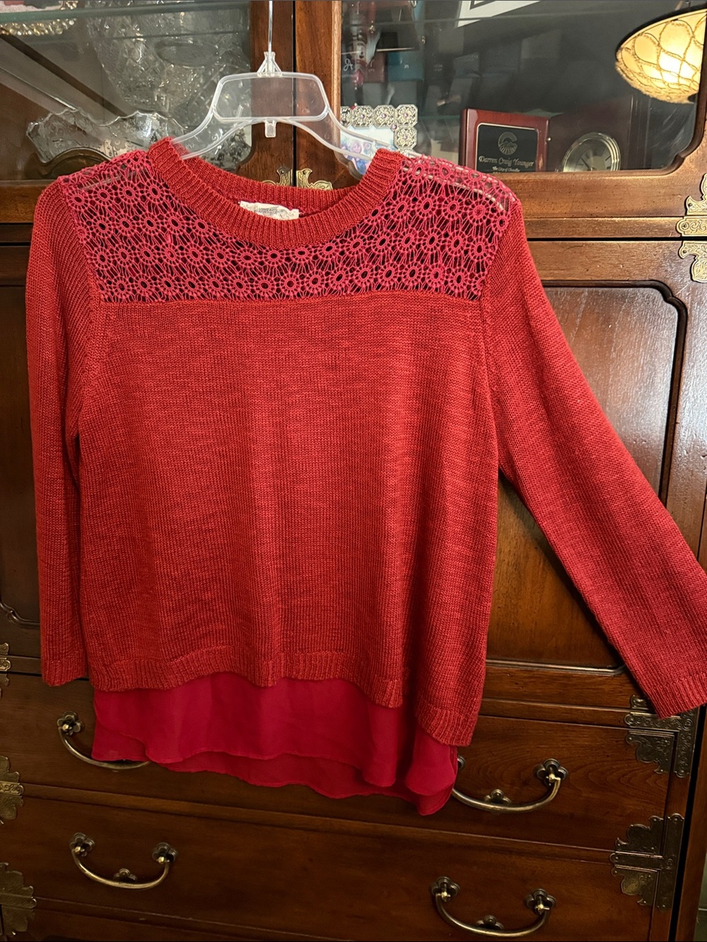 Vintage America Red Layered Knit Sweater with Lace Yoke